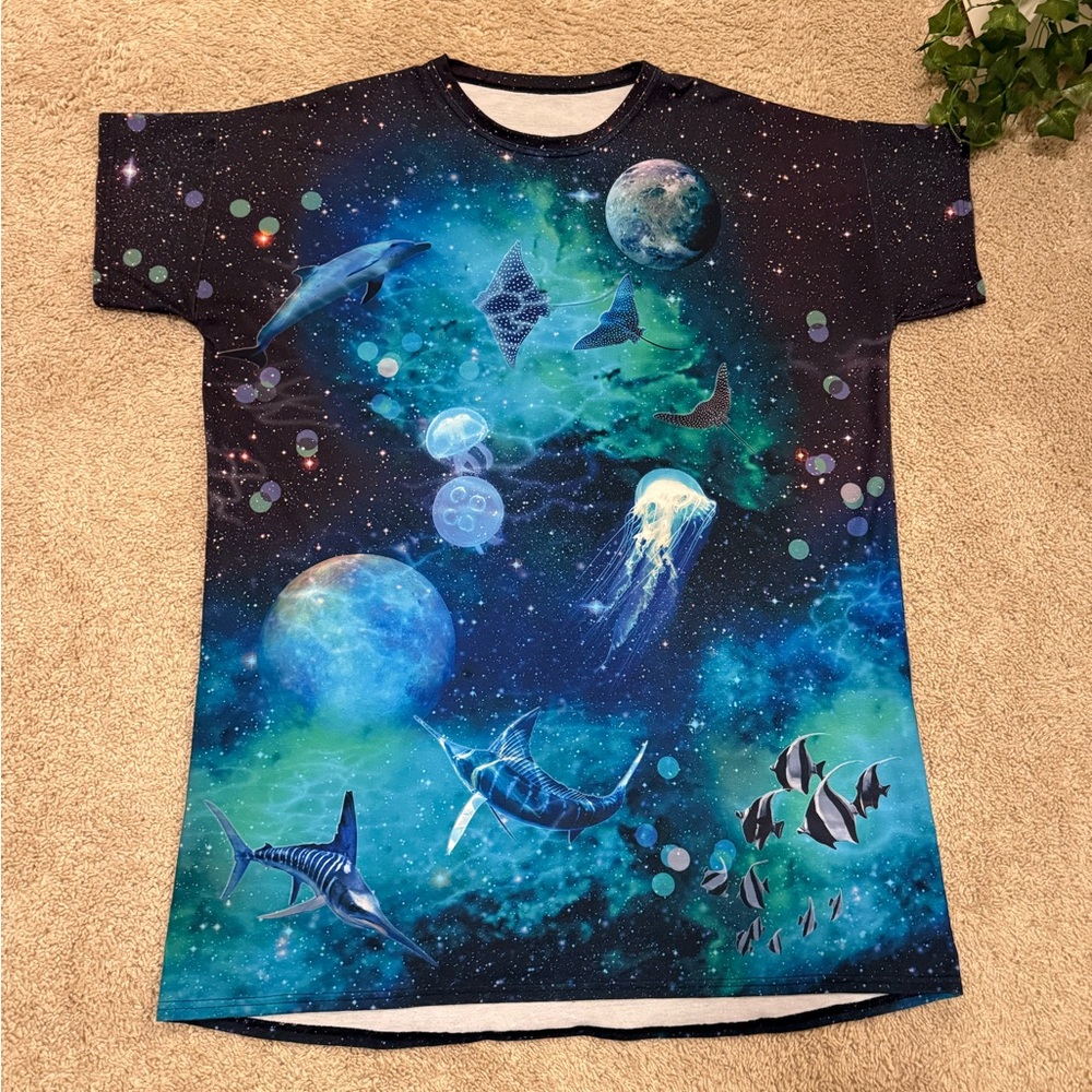 BLACKMILK SIZE XL BLUE GREEN GALACTIC OCEAN TEE DRESS DOLPHINS BM BLACK MILK